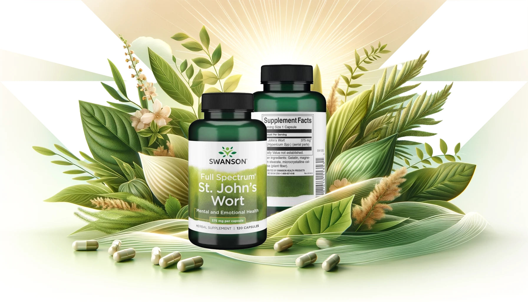 Header image displaying a bottle of Swanson St. John's Wort 375mg capsules surrounded by a serene backdrop of green leaves and soft sunlight, symbolizing natural wellness and tranquility.