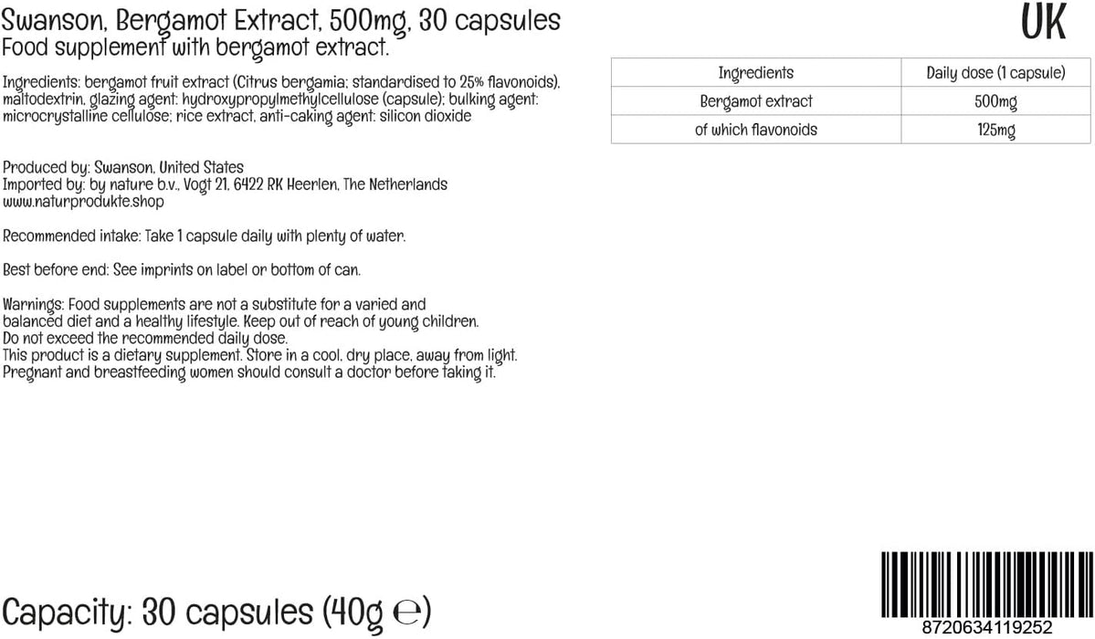 Swanson Bergamotte-Extrakt, 500 mg – 30 Kapseln