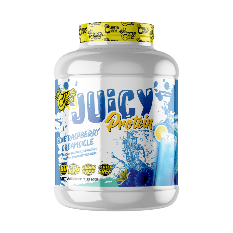 Chaos Crew Juicy Protein 1.8kg Blue Raspberry Dreamsicle Best Value Sports Supplements at MYSUPPLEMENTSHOP.co.uk