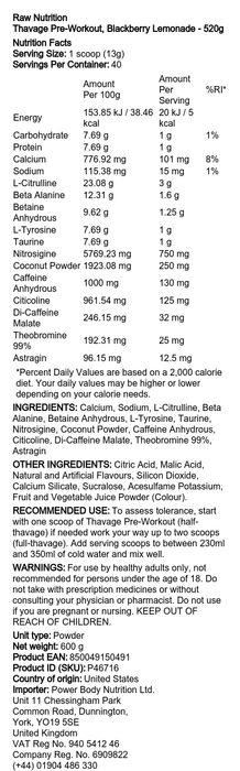 Raw Nutrition Thavage EU Pre Workout 520g