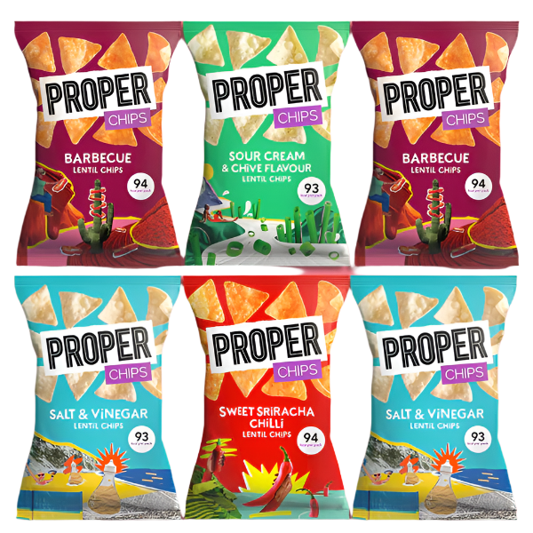 PROPERCHIPS Lentil Chips 24 x 20g | Barbecue, Sea Salt, Sweet Sriracha Chilli, Salt & Vinegar, Sour Cream & Chive