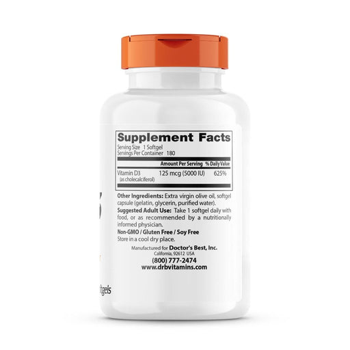 Doctor's Best Vitamin D3 125 mcg (5,000 IU) 180 Softgels | Premium Supplements at MYSUPPLEMENTSHOP