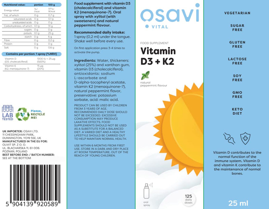 Osavi Vitamin D3 + K2 Oral Spray, Peppermint - 25 ml. | High-Quality Vitamin D | MySupplementShop.co.uk