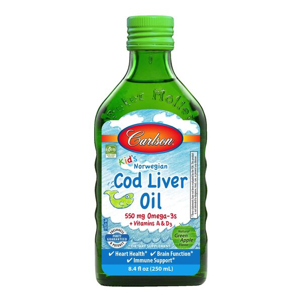 Carlson Labs Kid's Cod Liver Oil, 550mg Natural Green Apple - 250 ml. - Sports Supplements at MySupplementShop by Carlson Labs